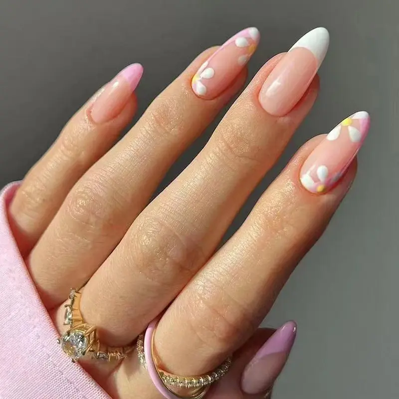 2023 Nova Alta Qualidade Venda Quente Francês Unhas De Amêndoa Stiletto Flor Unhas Falsas Imprensa Para Senhoras Reutilizáveis Unhas Artificiais