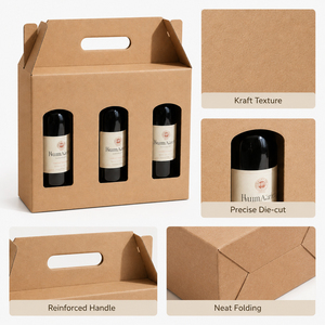 Custom Kraft Wine Carrier <b>Box</b> with Reinforced Handle Die-Cut Window Corrugated Gift <b>Box</b> Foldable Portable Beverage Packaging - Product Image 3