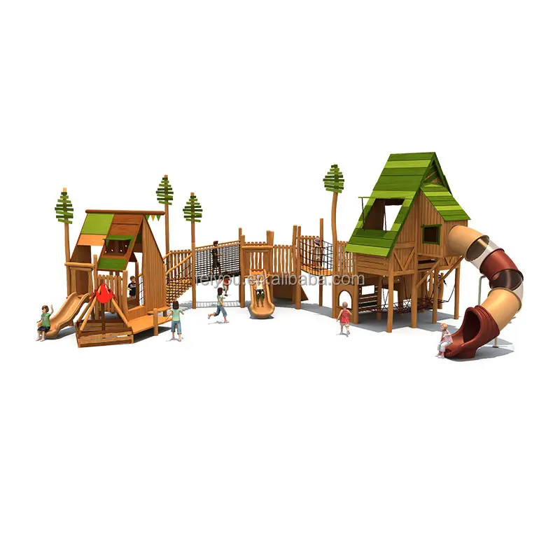 Holz-Freiluft-Spielplatz Kinder Kletter-Spielplatz Ausrüstung Kinder Kunststoff-Rutsche körperliche Fitness