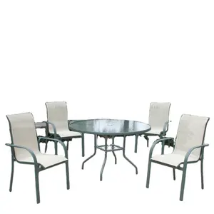 Joyeleisure Modern Outdoor Furniture Garden Set Steel Teslin Tea Coffee Dining Table & 4 Chairs for Parks & Exteriors