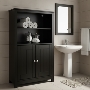 Mueble de Baño Berg de Madera Maciza Negra, 27.4x13.4x43.3 Pulgadas, 2 Estantes de Almacenamiento, Diseño Tradicional Independiente - Product Image 2
