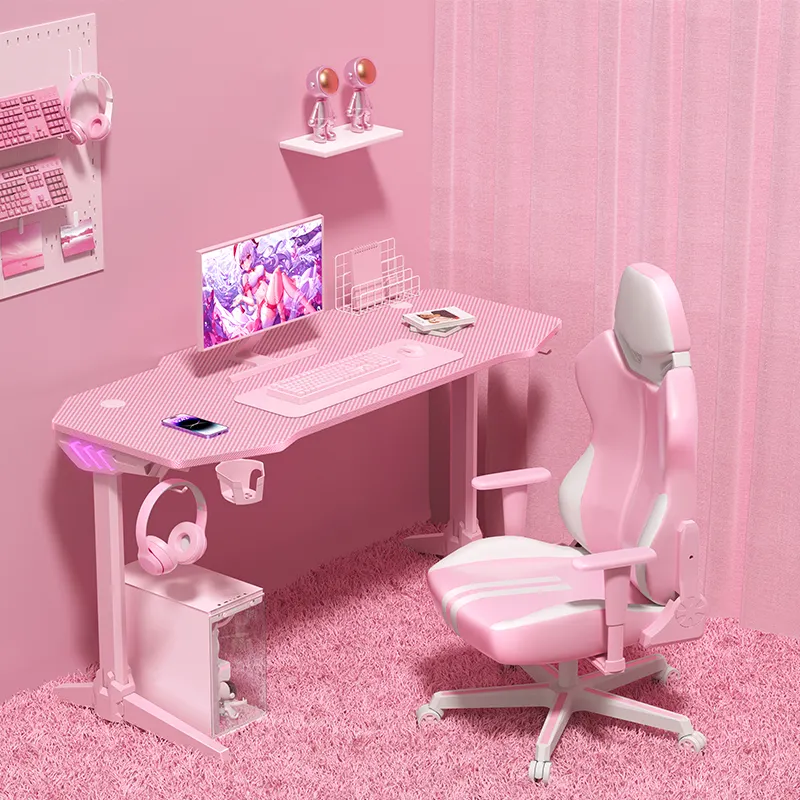 Bureau d'ordinateur rose à hauteur réglable Table de jeu LED Silla Gamer Rgb Rose cadeira de jogos bureau de jeu