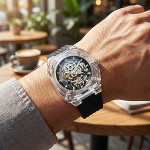 Reloj de pulsera mecánico de 45 mm con caja transparente, correa de caucho natural negra, cristal de zafiro, etiqueta privada OEM, venta al por mayor. - Product Image 2