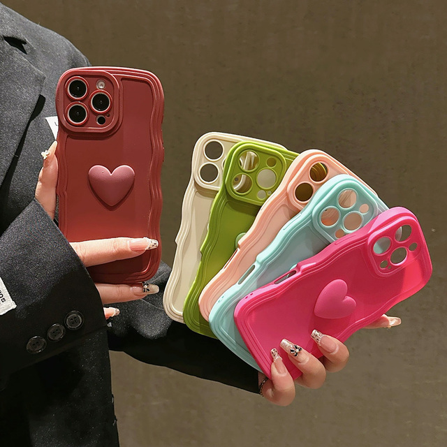 3D Cute Love Heart Gradient Curly Wave Phone Case for iPhone 17 Pro Max 16 15 14 13 12 11 X XR XS MAX 7 8 Plus