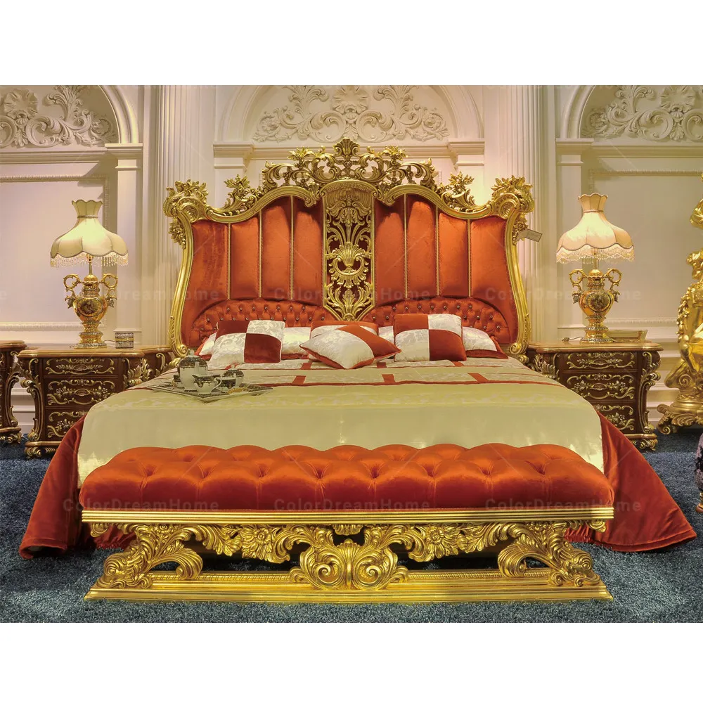 Ensemble de meubles de chambre à coucher de luxe à Foshan, Guangzhou, Rococo doré de luxe sculpture sur bois lit queen size