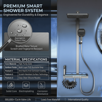 Système de douche mural intelligent et moderne en aluminium brossé avec cascade numérique, barre coulissante carrée en céramique et robinets souples pour salle de bain d'hôtel