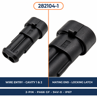 Connecteur de câblage automobile femelle 2 broches 282104-1, étanche IP67, 14A 24V, boîtier PA66 GF, résistant à la chaleur 94V-0, ignifuge