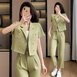 Women's Suit Set Solid Color Short Sleeve Blazer With Pants Anti-Wrinkle Polyester Casual Wear For Spring Summer - Product Image 1