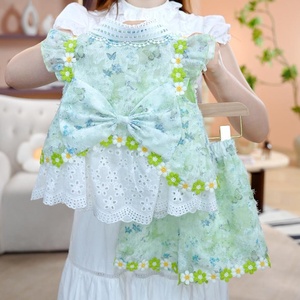Ensemble deux pièces d'été sans manches avec col en dentelle, grand nœud et motif floral, haut et short, tenue de <span class=keywords><strong>princesse</strong></span> pour petites filles - Product Image 2