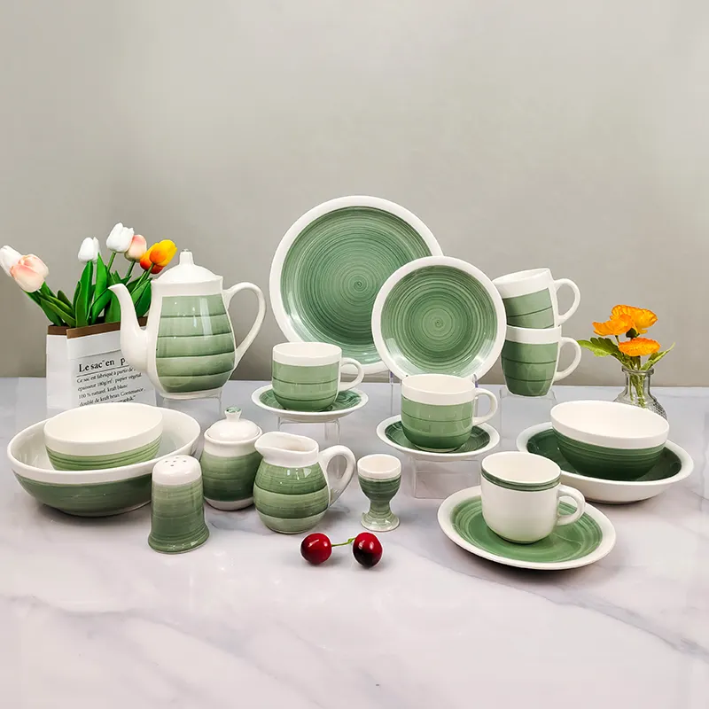 Disesuaikan 16/18 buah Set Makan malam dapur porselen Stoneware keramik dilukis tangan Set alat makan