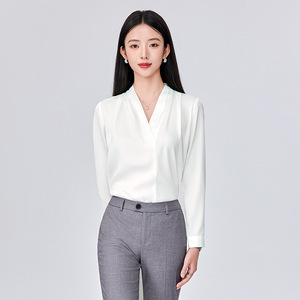 White Long Sleeve Chiffon V Neck Blouse Women Solid Color Commuting Shirt Polyester Fabric - Product Image 3
