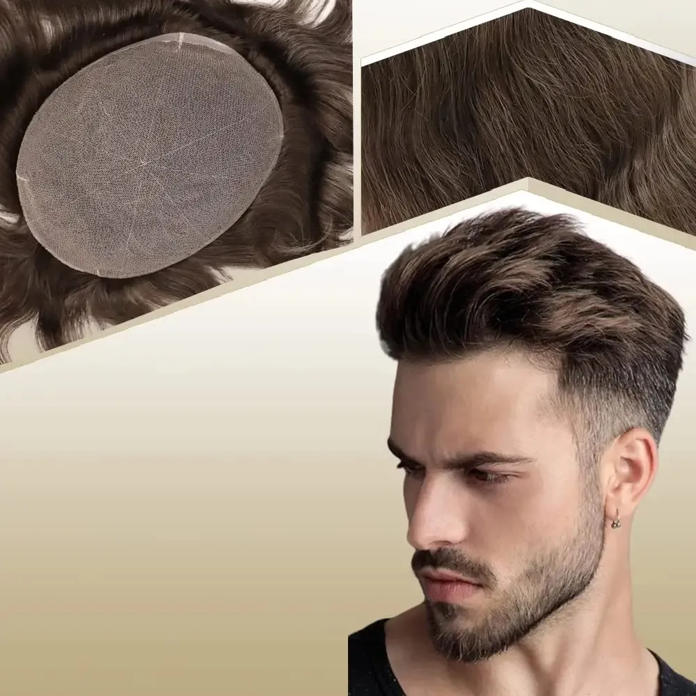 メンズフルスイスレース人毛カツラソフトナチュラルヘア交換システムヘアピース男性用ウィッグ