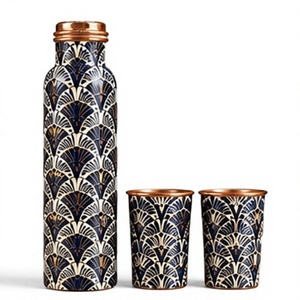 Artistic Decor Copper Water <b>Flask</b> with Copper Lid and <b>2</b> <b>Cups</b> Set Teal Gold Travel Drinkware - Product Image 1