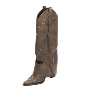 2023 femmes Cowboy Vintage Rivet grosses <span class=keywords><strong>bottes</strong></span> à talons hauts couleur marron mi-mollet <span class=keywords><strong>bottes</strong></span> demi-Tube Western Denim <span class=keywords><strong>bottes</strong></span> chaussures chaussures - Product Image 1
