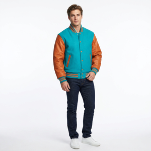 Veste universitaire polyvalente pour tous les jours avec manches en cuir mélangé à de la laine et tissu en toile - pour l'école, les sports ou les tenues de rue - Product Image 1
