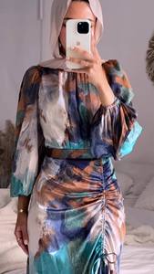 2024新款时尚女式扎染印花长袖阿拉伯连衣裙环保拉绳天然腰线穆斯林服装 - Product Image 6