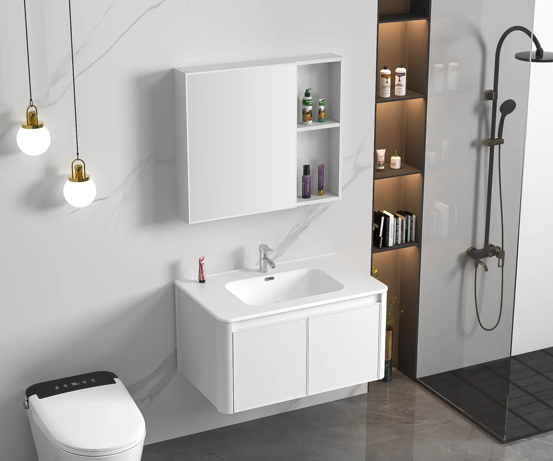 Samiyah 새로운 현대 스타일 벽걸이 형 알루미늄 방수 완료 욕실 화장대 캐비닛 거울 + 세라믹 분지 싱크 사용자 정의