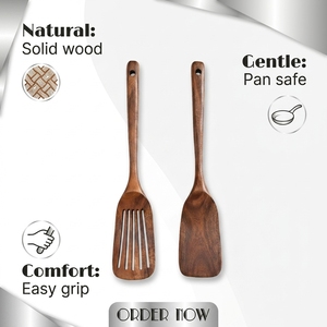 Spatule à fentes en bois d'acacia naturel certifiée FDA LFGB SGS pour la cuisine domestique, la restauration et le traiteur, anti-rayures - Product Image 1