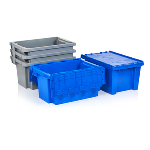 Industrial Recycled PP Plastic Nestable Stackable Logistic Moving Tote Box with Hinged Lid for Storage