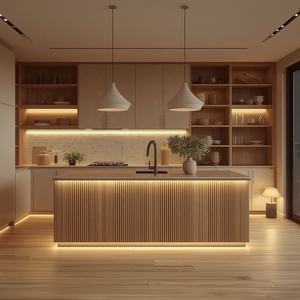 Set Perabot Dapur Modern CBMmart dari Kayu Solid Berlapis Veneer Laminasi, Kustom, Termasuk Keran, Lampu LED, Pantry, <span class=keywords><strong>Wet</strong></span> <span class=keywords><strong>Bar</strong></span>, dan Modular - Product Image 1