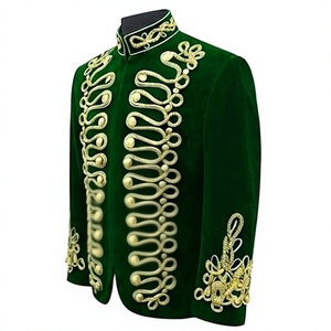 Blazer de costume pour homme vert doré tressé brodé, à double boutonnage, col montant, style hussard, pour performance scénique hivernale et uniforme de mariage - Product Image 5