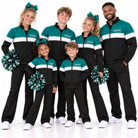 Ensemble de survêtement de cheerleading bleu sarcelle et noir personnalisé pour hommes, femmes et jeunes – Veste à col montant entièrement zippée et pantalon – Ne décolore pas – Tenue d'équipe