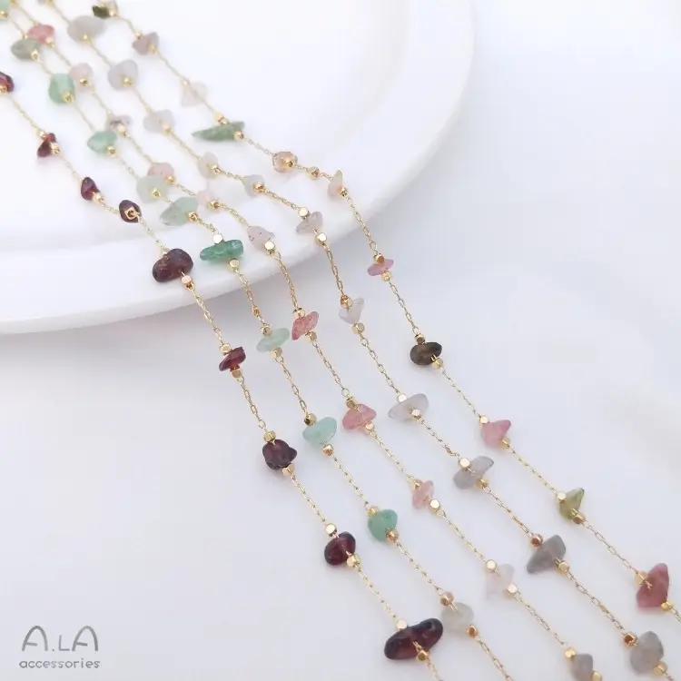 Natural Gem Stone 14k Gold Chain Faceted Bead Wire Wrapped Beaded Chain For Diy Jewelry Making