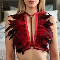 Harness Tubuh Bulu Merah Hitam Wanita, Tali Elastis, Harness Atasan, Aksesoris Tubuh Gothic untuk Halloween, Rave, Festival, Klub, Pesta