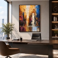 Peinture abstraite de paysage urbain faite à la main, acrylique, colonnes lumineuses verticales, texture épaisse, art mural pour la décoration intérieure de salon de luxe