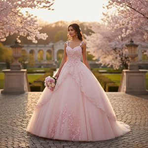 Robe de mariée rose clair à col halter, en tulle floral 3D, avec longue traîne, taille haute, épaules dénudées, pour soirée, tailles SMLXLXXLXXXL - Product Image 2