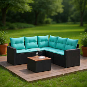 6 Piece Black Poly <b>Rattan</b> Patio <b>Sofa</b> Set With Cushions Garden Outdoor Furniture - Product Image 2
