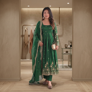 TENNECY Vestido de Mujer para Diwali y Bodas, de Seda Chinon con Bordado de Lentejuelas, Largo hasta el Tobillo, Reversible, de Secado Rápido y Sin Arrugas - Product Image 1