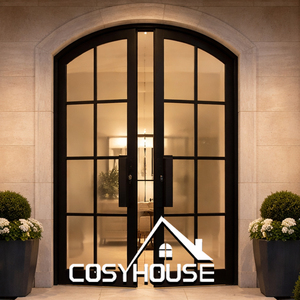 Porte d'entrée double moderne à cadre noir avec verre à lumière douce pour résidence - Product Image 1