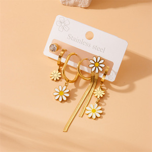 Daisy Drop Earrings Stainless Steel Gold Flower Asymmetrical Chain Pendant Set For Women Fashion Jewelry E6001 - Product Image 2