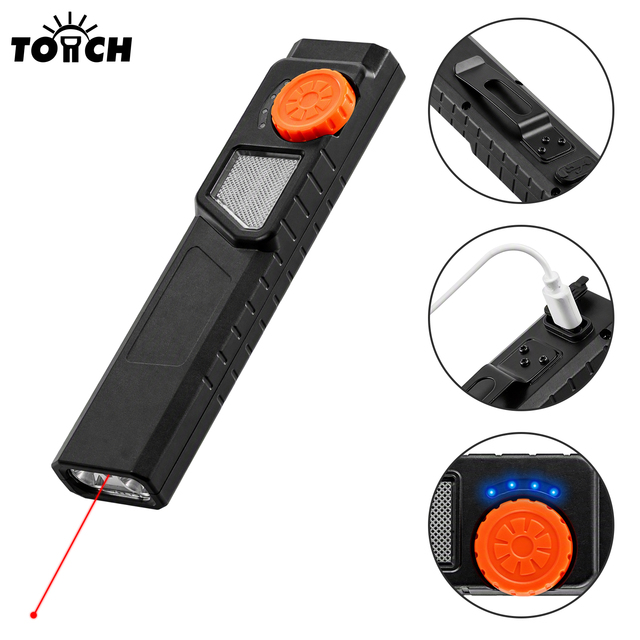 Rechargeable LED Work Light Laser Pointer USB C Flashlight Multi Function Inspection Pocket Torch Outdoor Emergency