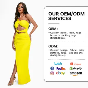 Bella Barnett Ladies Hollow Out Mesh High Slit Party Dresses 1 Shoulder Evening Gowns Yellow Dress For Women