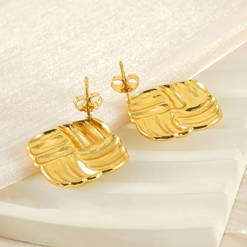 Newest Chunky Twisted Stud Earrings Women Vintage Hypoallergenic 18k Gold Plated Stainless Steel Stripe Square Earrings