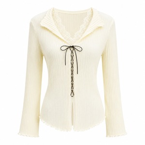 Vintage Fitted Woven 100% Silk Eco-Friendly <b>Cardigan</b> with <b>Lace</b> up Front Scallop Hem Lantern Sleeve for Color Autumn Wear - Product Image 5