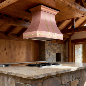 <span class=keywords><strong>Hotte</strong></span> de cuisine architecturale en cuivre martelé à la main, de style européen classique, en forme de cloche, à montage en îlot au plafond, avec sangles en laiton - Product Image 6