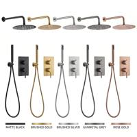 Ensembles de douche thermostatiques ronds dorés Pomme de douche à effet de pluie Robinets de salle de bains à haute pression Accessoires d'étagère Combo Robinetterie brute