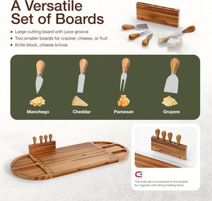 Grande planche en bois d'acacia avec un ensemble <span class=keywords><strong>de</strong></span> 4 couteaux, <span class=keywords><strong>plateau</strong></span> rond en bois magnétique en 3 parties pour servir le fromage, la nourriture, les en-cas - Product Image 2