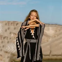 2026 noir caftan Kimono tunique femmes auto-serré imprimé été plage robe grande taille maillot de bain couverture dos cou Logo col en v