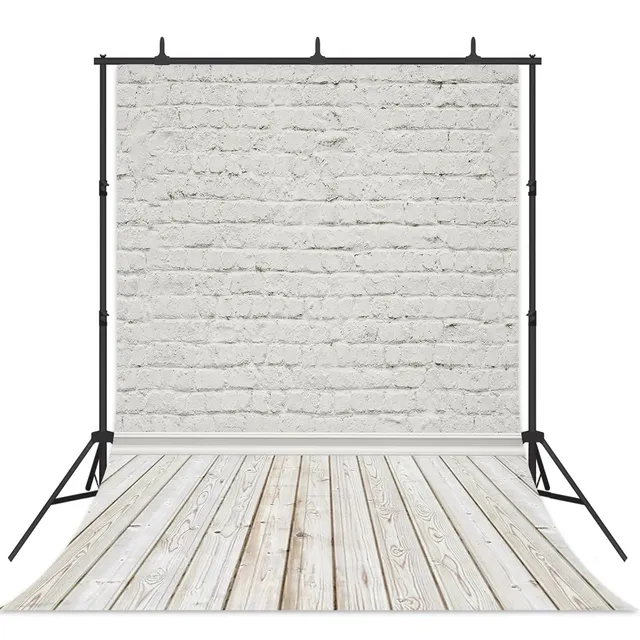 White Brown Grey Muslin Brick Wall Photo Backdrop Wooden Floor Commercial Photo Studio Portrait Background for Baby Children