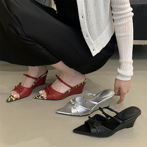 2025 Customized Factory Women's Elegant Pointed Toe <b>Red</b> Leopard Print Wedge High <b>Heel</b> Sandals Anti-Slip for Spring Season - Product Image 2
