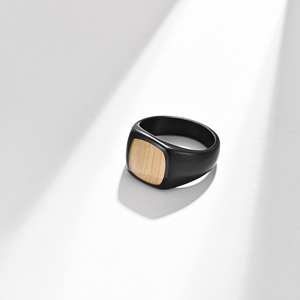 yunnique punk street hip-hop 18K gold plated, wood veneer inlaid <b>titanium</b> steel <b>ring</b>, square shape, trendy fashion - Product Image 4