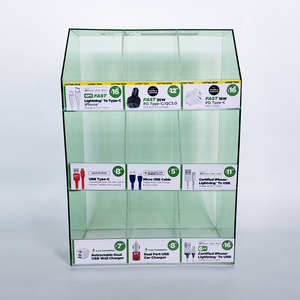 Pmma plexiglass acrylic 9 bin data line wire usb cable phone charger counter display stand cell phone accessory charger display