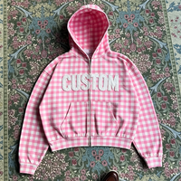 Sweat à capuche zippé court pour homme, coupe ample, en coton French Terry, avec logo personnalisé, motif Gingham rose et blanc