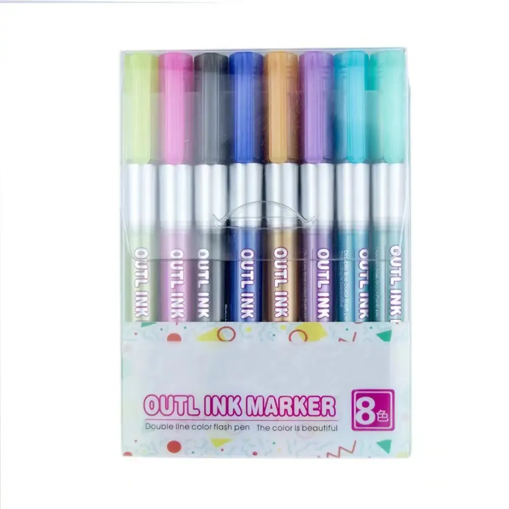 Konturenmarker 8-teiliges Set mit Doppellinienmarker-Stifte Glitzer-Outline permanente Tinte Farb-Flash-Stifte für Schüler Doodling Zeichnung