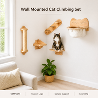 Ensemble d'étagères murales pour chat 5-en-1, style moderne et luxueux, avec marches inclinées et hamac en forme de tête de chat, en bois massif, taille personnalisée, montage mural facile