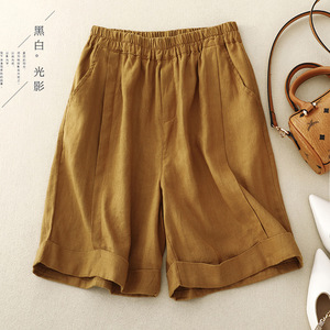 Women's Cotton Linen Bermuda Shorts Elastic High Waist Wide Leg Loose Casual Mid Length Pants Breathable Summer Style - Product Image 3